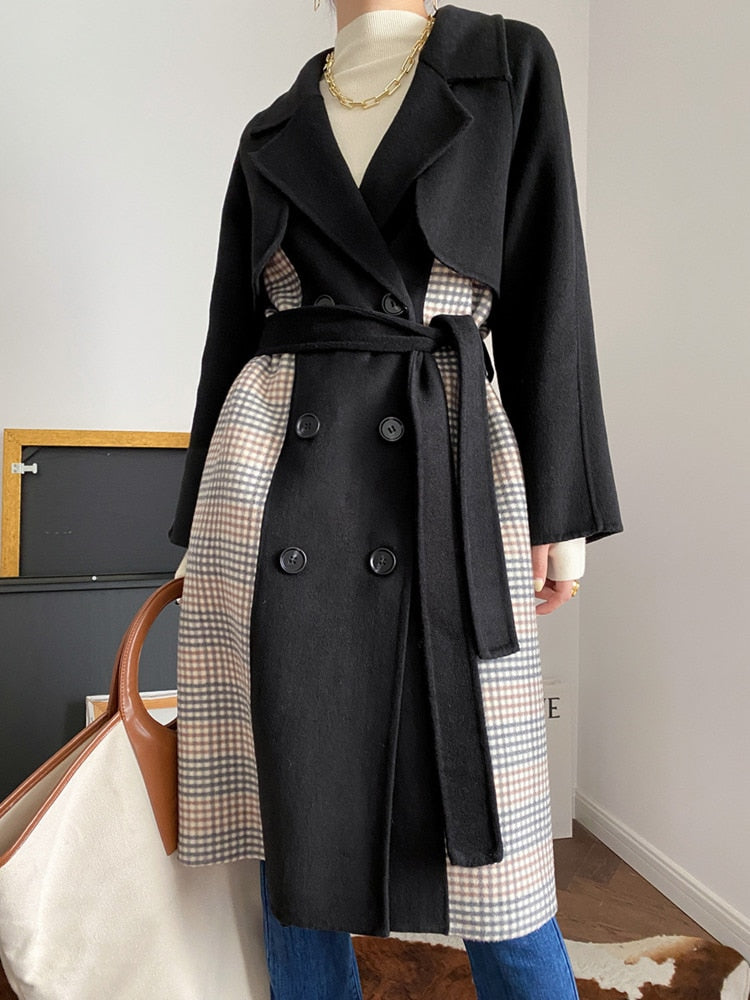 Color Blocking Design Reversible Woolen Coat Women's Autumn And Winter New Temperament Double Breasted Coat - KAISERINC