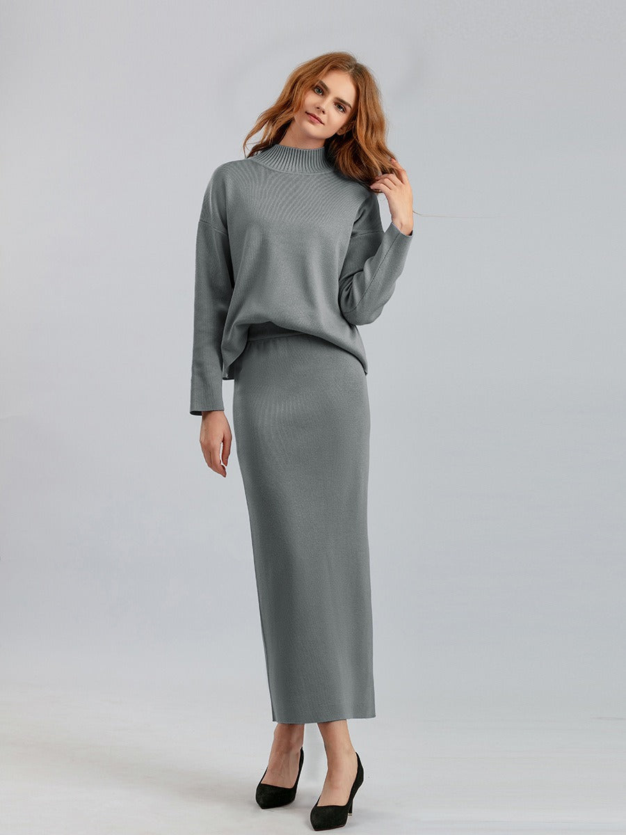 2 Pieces Knit Sets Women Maxi Skirt Tracksuits Winter Warm Turtleneck Sweater + Long Midi Straight Skirt Two Pieces Sets - KAISERINC