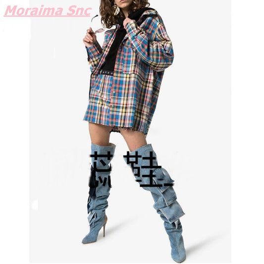 Patchwork Denim Women's Boots Slip-On Pointed Toe Over-the-Knee Fashion Turned-over Edge Cool  Modern Boots