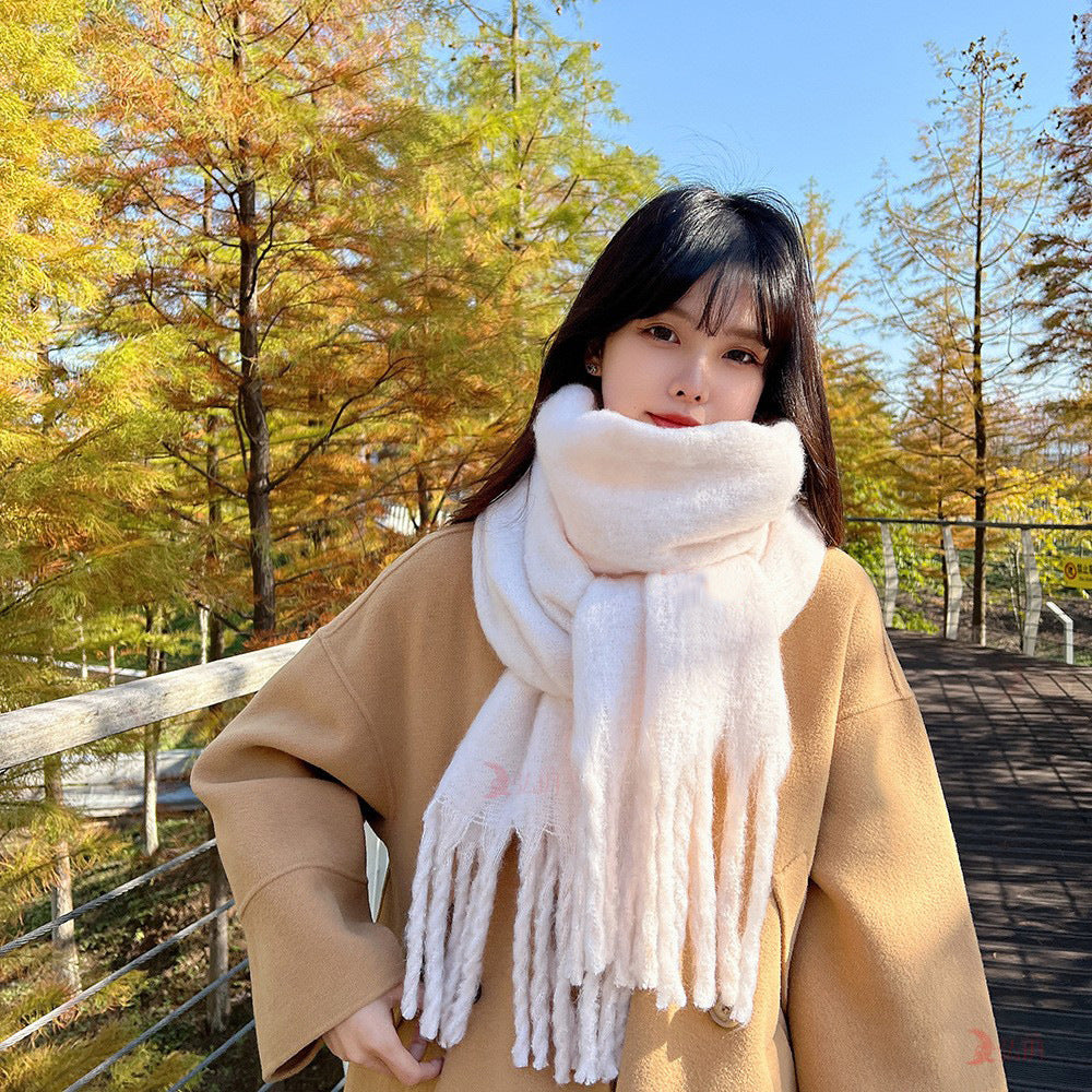 Mohair solid color scarf for women winter warm scarf macaron color thick braid tassel shawl - KAISERINC