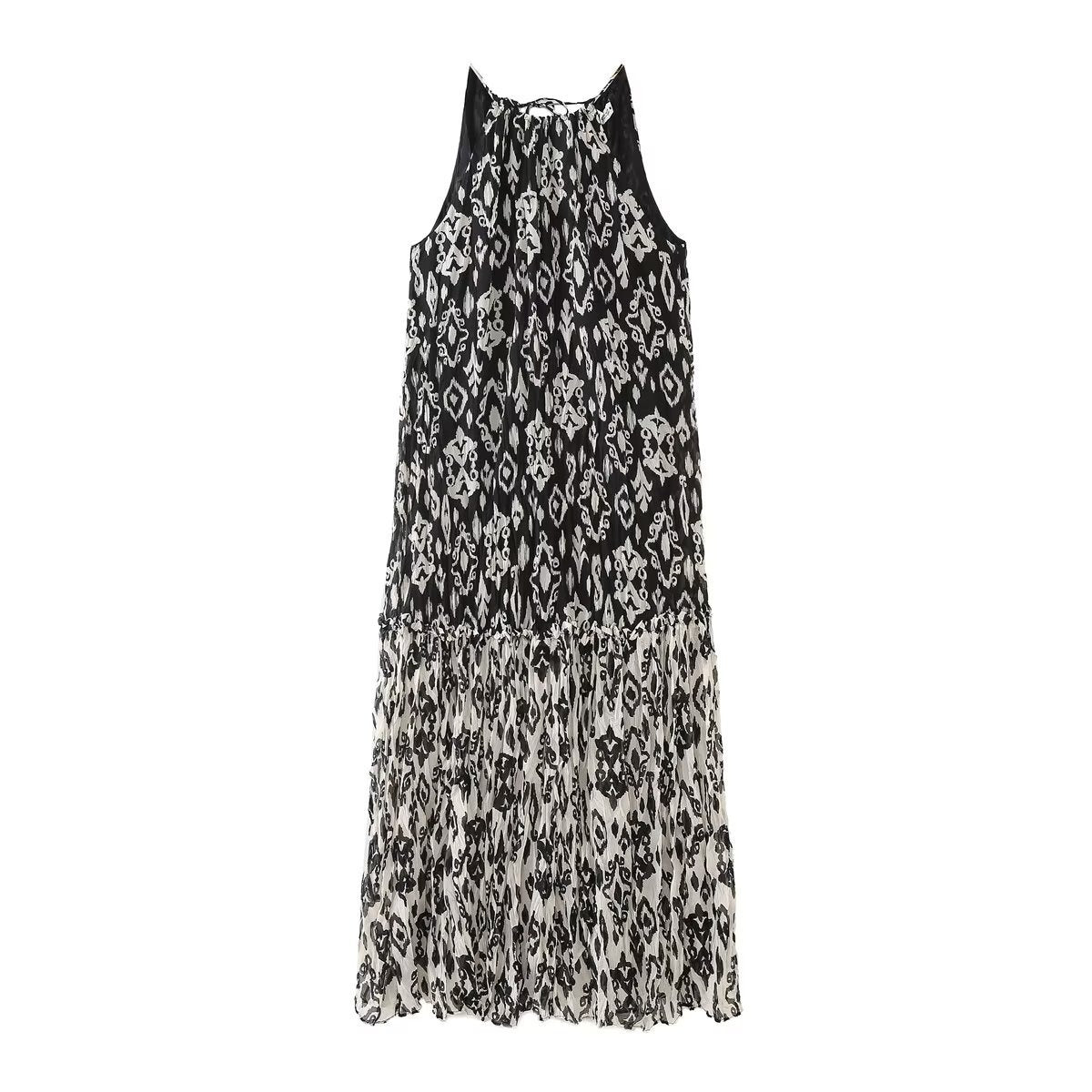 Vintage Slim Dresses Printed Hanging Neck Sleeveless Fashion Woman Elegant Midi Long Dress - KAISERINC