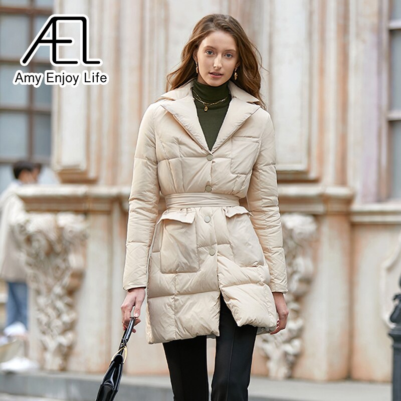 Medium Length Temperament Slim Down Jacket Women's New Suit Collar Waist Cotton Jacket - KAISERINC