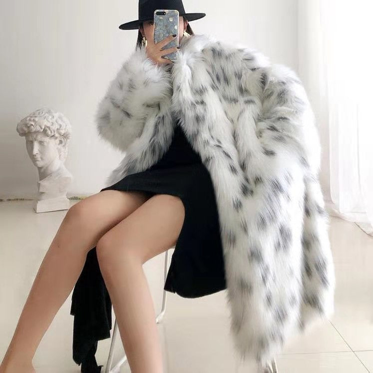 Fashion Fluffy Warm Faux Fur Jacket Women Lapel Long Elegant White Leopard Faux Mink Fur Coat Jackets - KAISERINC