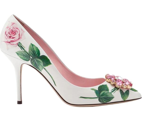 White Leather Flower Printed High Heel Shoes Sexy Pointed Toe Crystal Embellisehd Party Wedding Heels Pumps - KAISERINC