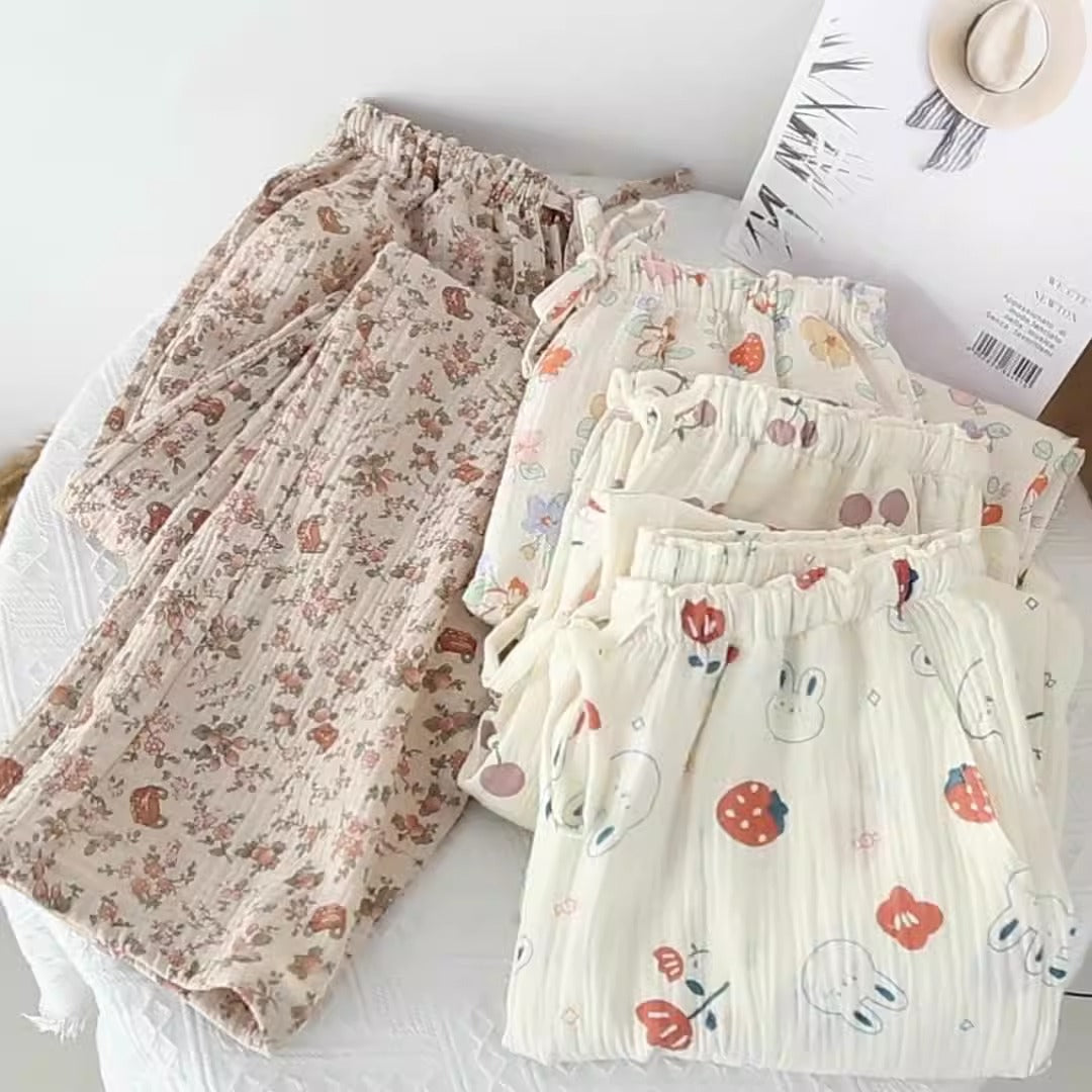 Women's Pajama Pants Summer Thin Trousers Casual Loose Home Sleep Bottoms Cotton Gauze Lounge Wear Elastic Waist Sleepwear - KAISERINC
