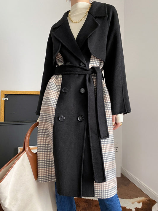 Color Blocking Design Reversible Woolen Coat Women's Autumn And Winter New Temperament Double Breasted Coat - KAISERINC