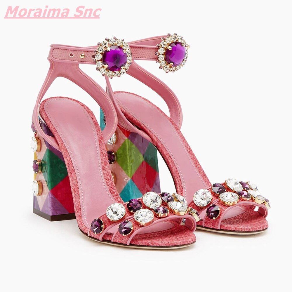 Summer New Pink Sheepskin Women Shoes Button Rhinestone Fairy Retro Sandals 10CM Thick Heel Open Toe Comfortable Party