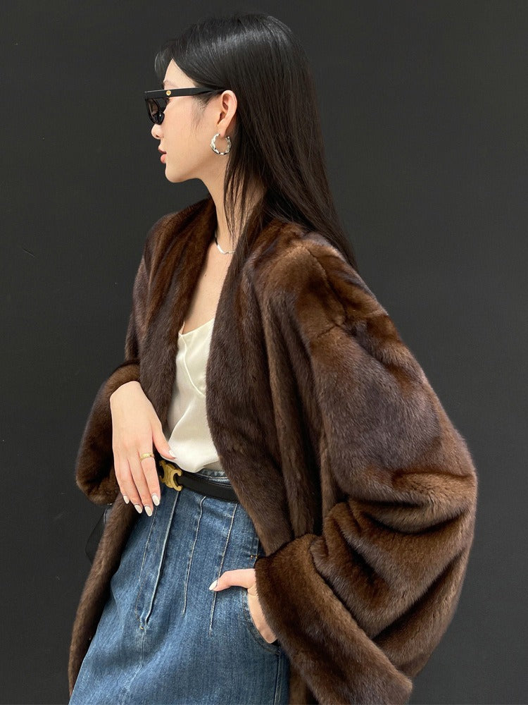 Winter Long Vintage Elegant Luxury Chic Thick Warm Soft Brown Fluffy Faux Mink Fur Coat Women V Neck - KAISERINC