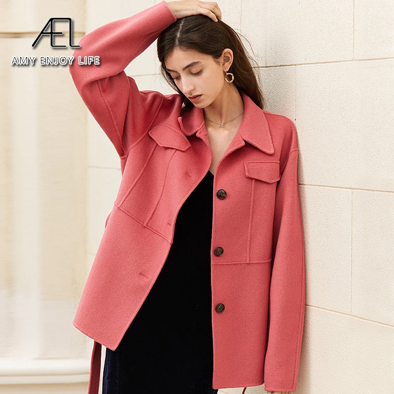 100% Wool Woolen Coat With Belt Spring Autumn Jacket For Women Solid With Scarf Warm Fashion Streetwear - KAISERINC