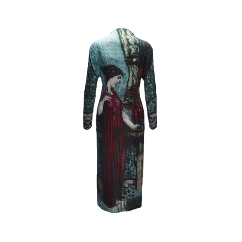 Spring New Pleated Dress Women's Retro Print Casual Personality Long Sleeve Mid-Length Dress