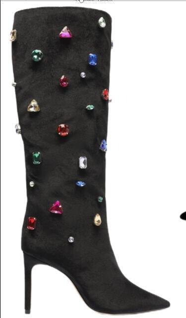 Black High Heel Crystal Decor Knee High Boots For Women Sexy Ladies Autumn Winter Flock Pointed Toe Boots Party Shoes Woman - KAISERINC