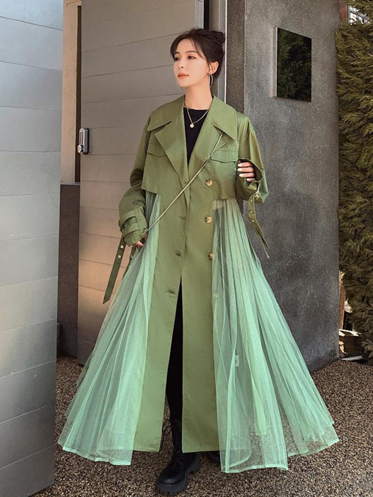 Autumn Trench Women Lace Patchwork Single Breasted Lapel Long Sleeves Coat Female Fashion Windbreaker - KAISERINC