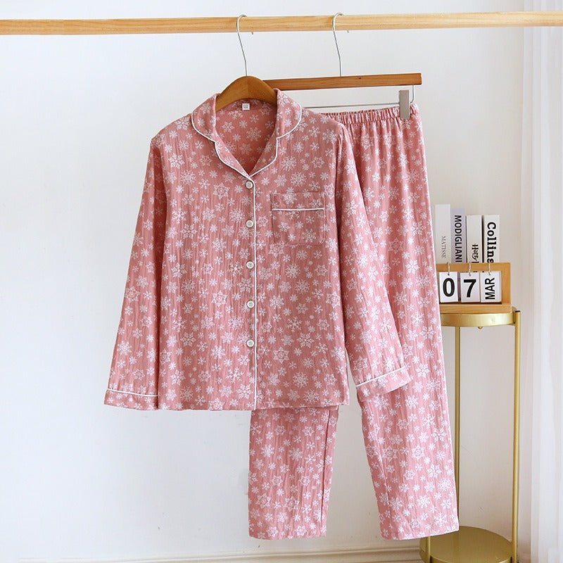 spring and summer women's pajamas suit long-sleeved trousers two-piece 100% cotton crepe flower leaves home clothes - KAISERINC