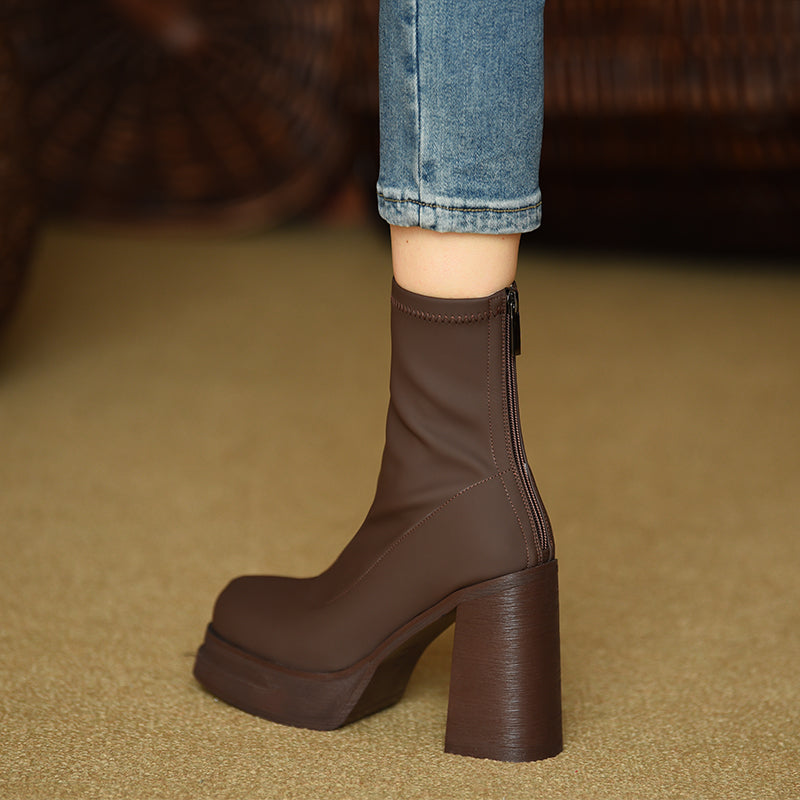 Elastic Slim Boots Thick Heel Short Boots Women's New High Heel Shoes Autumn Winter Thick Sole Square Head Women's Boots - KAISERINC