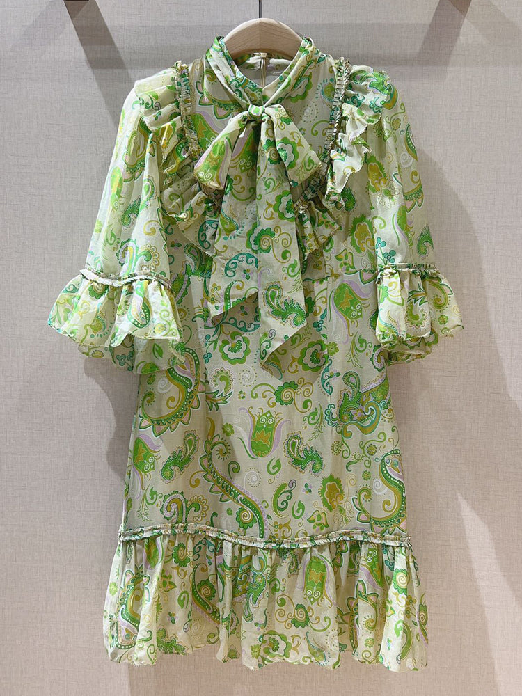 New Women's Scarf Collar Middle Sleeve Print Casual Fashion Holiday Style Dress