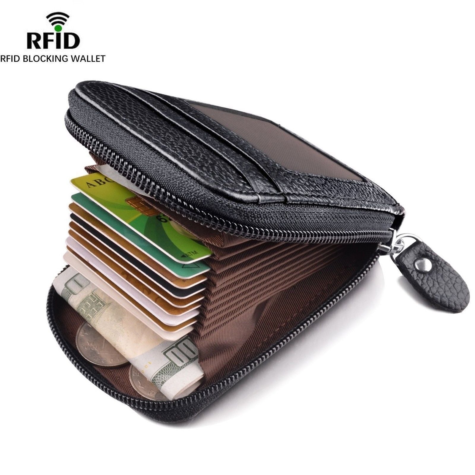 Men's Wallet Genuine PU Leather Credit Card Holder RFID Blocking Zipper Pocket Men bag Multi-card zipper - KAISERINC