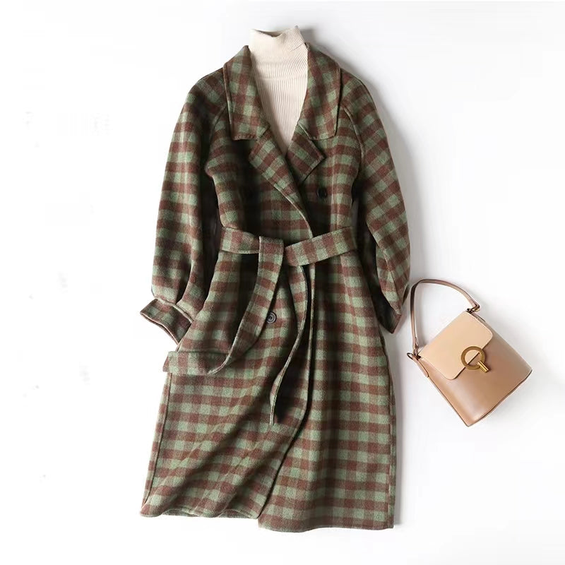 Autumn New Monochrome Card Green Plaid Lace Double-Sided Woolen Women's Long Coat - KAISERINC