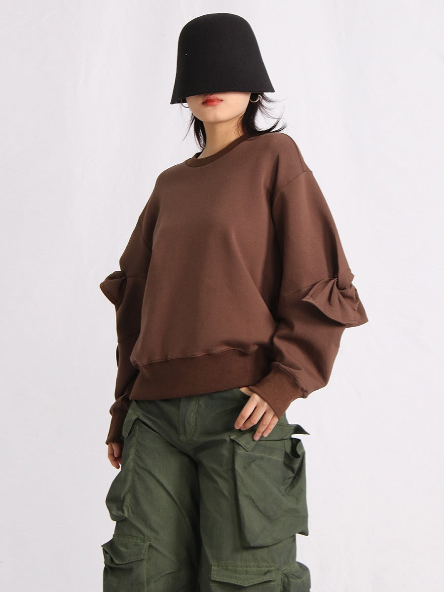 Patchwork Bow Sweatshirts For Women Round Neck Long Sleeve Loose Casual Pullover Solid Sweatshirt Female Fashion - KAISERINC