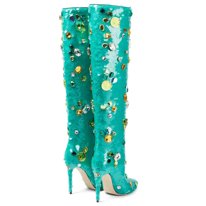 T Stage Show Pointed Toe Stiletto High-Heeled Gemstone Sequins But The Knee Women's Boots a Large Size Dancing Boots 12cm High
