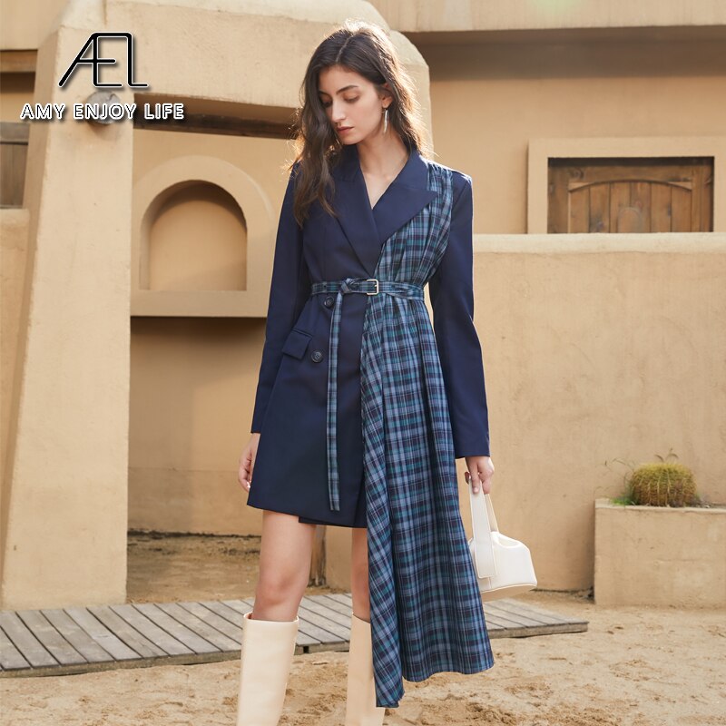 Autumn And Winter Slimming Waistband Splicing A-Line Dress Female New V-Neck Suit Skirt - KAISERINC