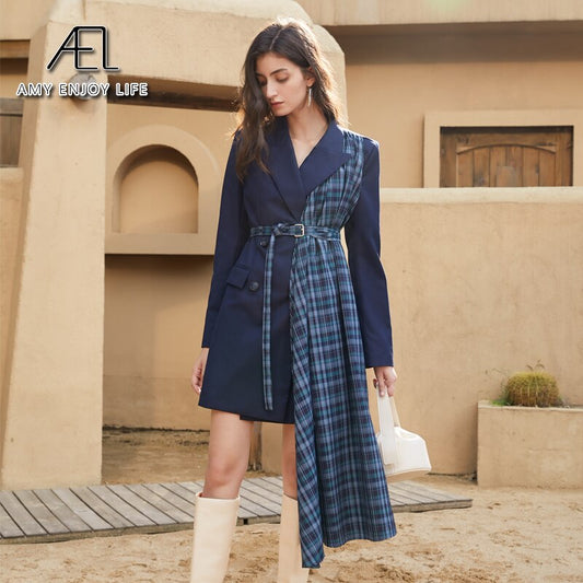 Autumn And Winter Slimming Waistband Splicing A-Line Dress Female New V-Neck Suit Skirt - KAISERINC