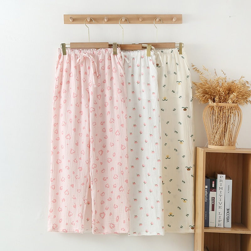 Women's Pajama Pants Summer Thin Trousers Casual Loose Home Sleep Bottoms Cotton Gauze Lounge Wear Elastic Waist Sleepwear - KAISERINC