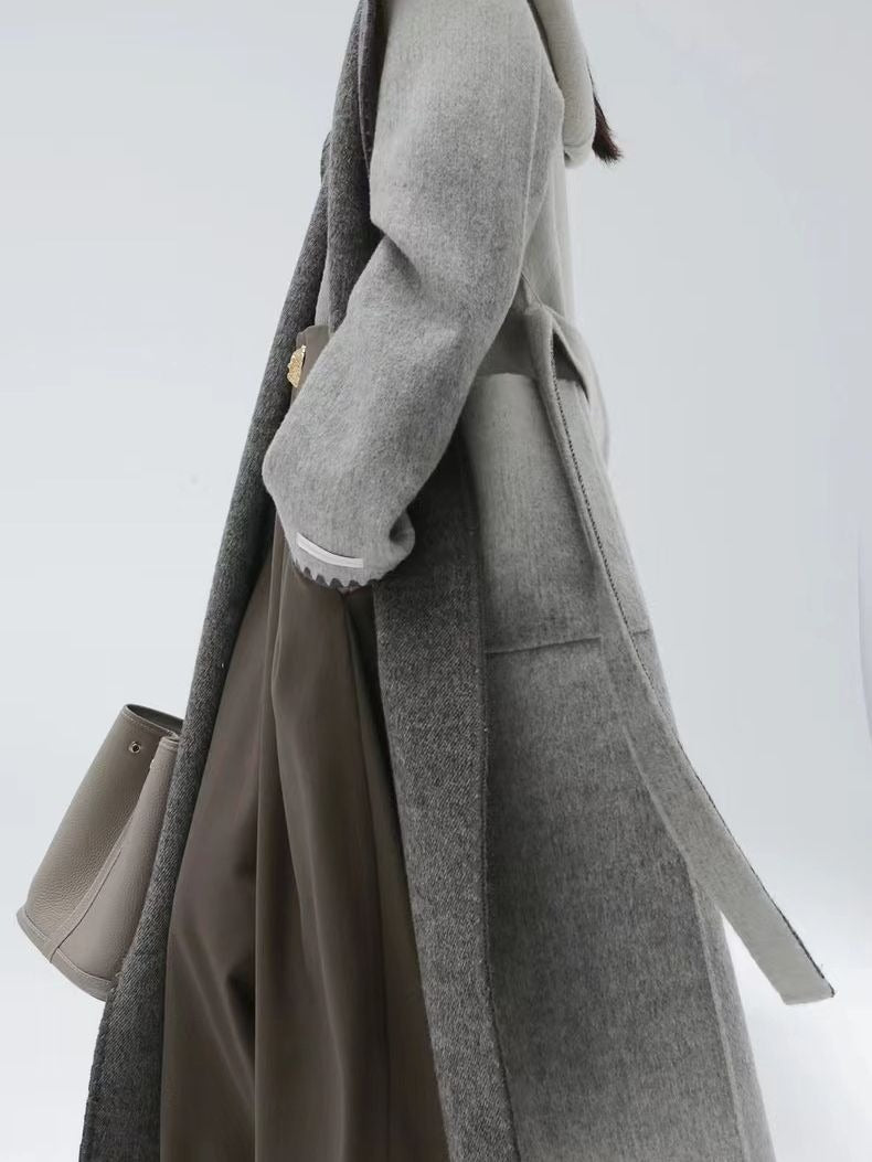 Fashion Women's Woolen Coat Hooded Buttonless Lace-up Straight Two-sided Gradient Mid-calf Overcoat - KAISERINC