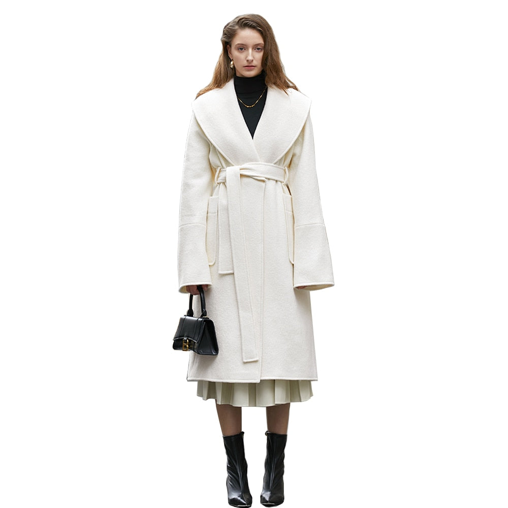Retro Large Lapel White Tweed Jacket Female Winter New Waist Lacing Tweed Coat - KAISERINC