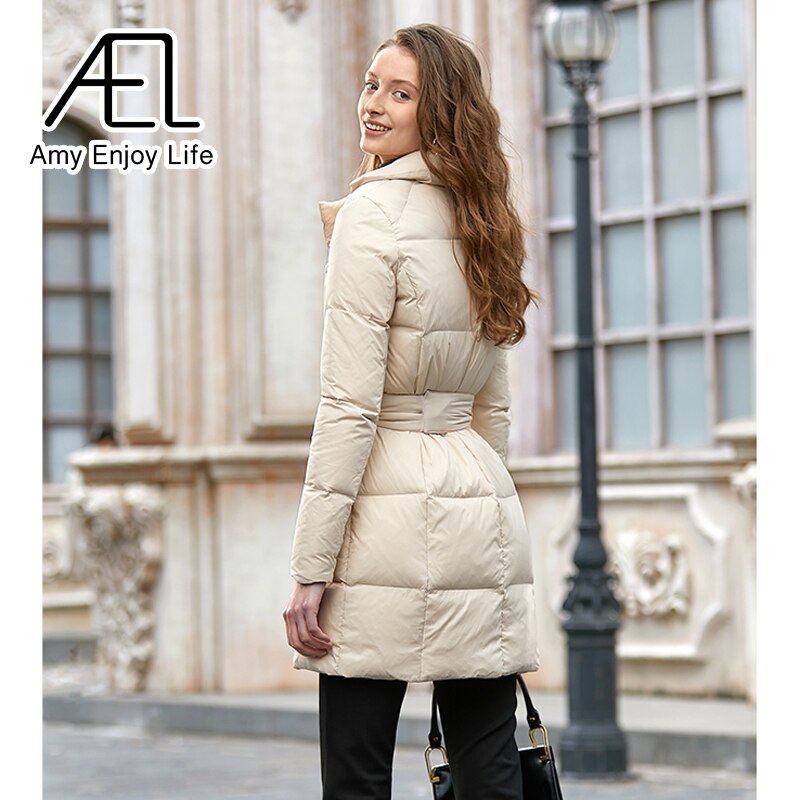 Medium Length Temperament Slim Down Jacket Women's New Suit Collar Waist Cotton Jacket - KAISERINC