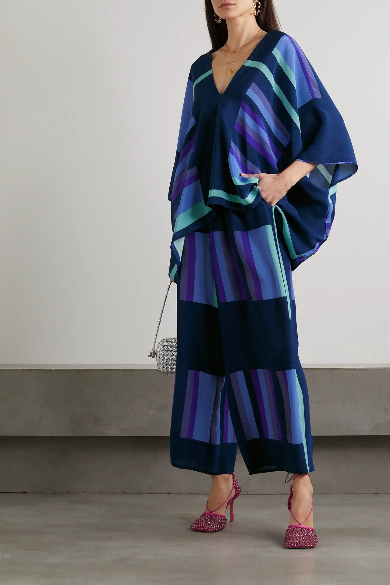 Color Printing Two Piece Sets For Women V Neck Batwing Sleeve Tops High Waist Pant Loose Casual Set Female New - KAISERINC