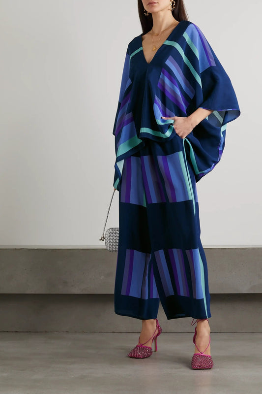 Color Printing Two Piece Sets For Women V Neck Batwing Sleeve Tops High Waist Pant Loose Casual Set Female New - KAISERINC