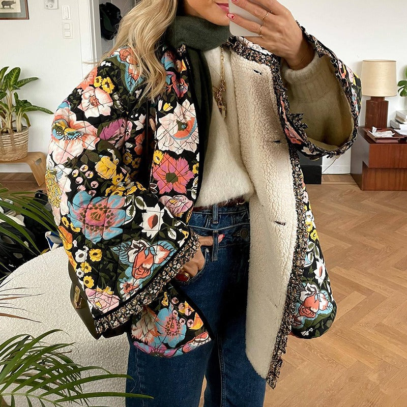 New autumn and winter printed imitation cashmere cotton jacket, comfortable and casual, flared sleeves, loose fitting women's co - KAISERINC