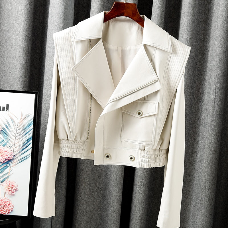 Jacket For Women New European Genuine Leather Coat Female Zipper Large Lapel Short Oversize Locotive Whtie - KAISERINC
