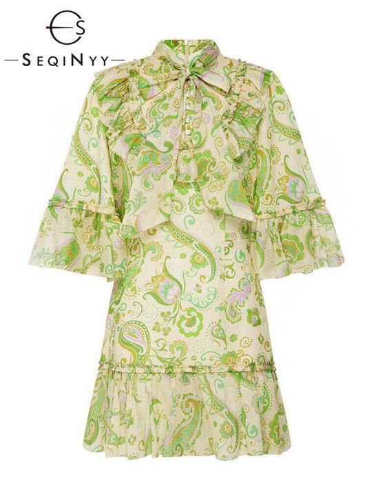 New Women's Scarf Collar Middle Sleeve Print Casual Fashion Holiday Style Dress