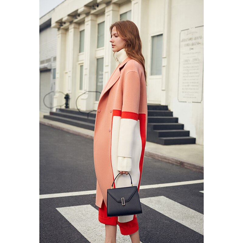 Show High Stitching Collision Color Niche Design Sense Double-Sided Wool Long Coat Female Winter - KAISERINC