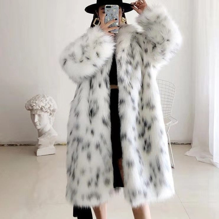 Fashion Fluffy Warm Faux Fur Jacket Women Lapel Long Elegant White Leopard Faux Mink Fur Coat Jackets - KAISERINC