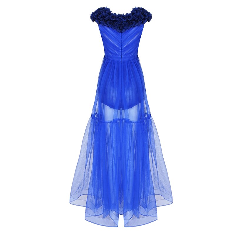 Trendy Appliques Design Blue Long Dress Women Sexy Deep V Neck Celebrity Party Club Dress - KAISERINC