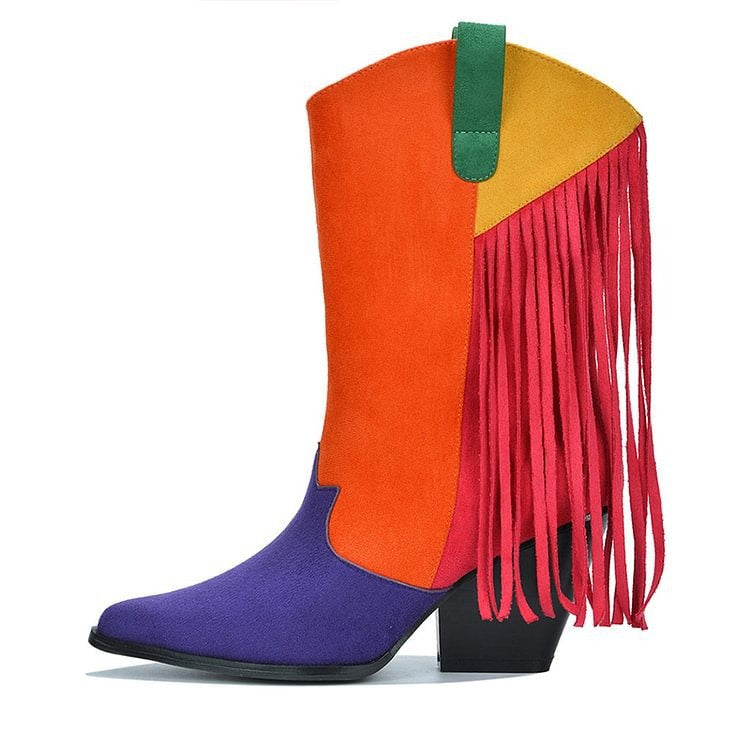 Female Faux Suede Fringed Cowboy Boots Autumn Winter Women Pointy Toe Chunky Heel Ankle Boots Slip on Retro Boots - KAISERINC