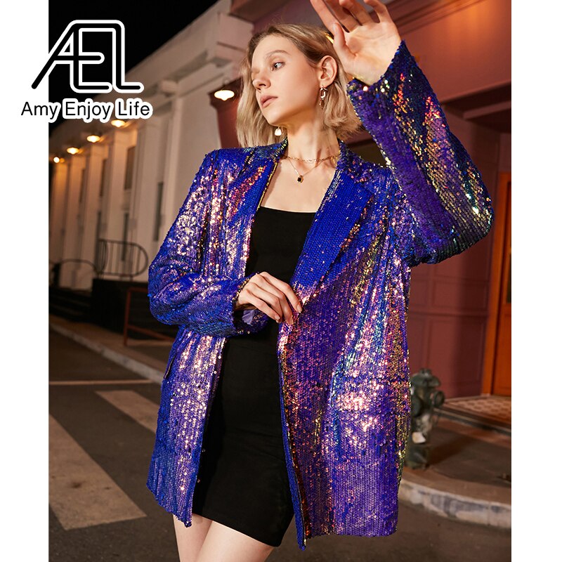 AEL Blue Glitter Gradient Blazer Woman Jacket Coat Fashion Loose Casual Spring Ladies Streetwear New - KAISERINC