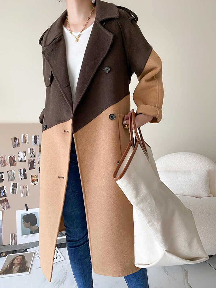 Loose Fit Khaki Color-block Big Size Woolen Coat Parkas New Long Sleeve Women Fashion Trend Autumn Winter - KAISERINC