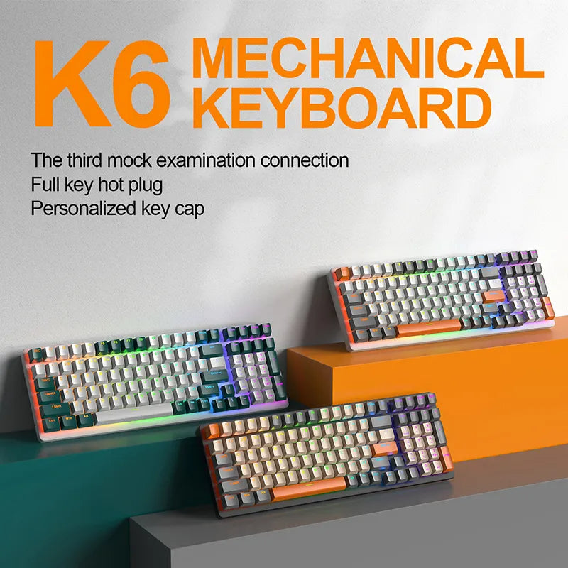 K6 Mechanical Keyboard Wireless 5.0 BT 2.4 Ghz Wired Three Modes Backlit Bluetooth Gamer Keyboard 100 Keys Keycaps Pc Gamer - KAISERINC