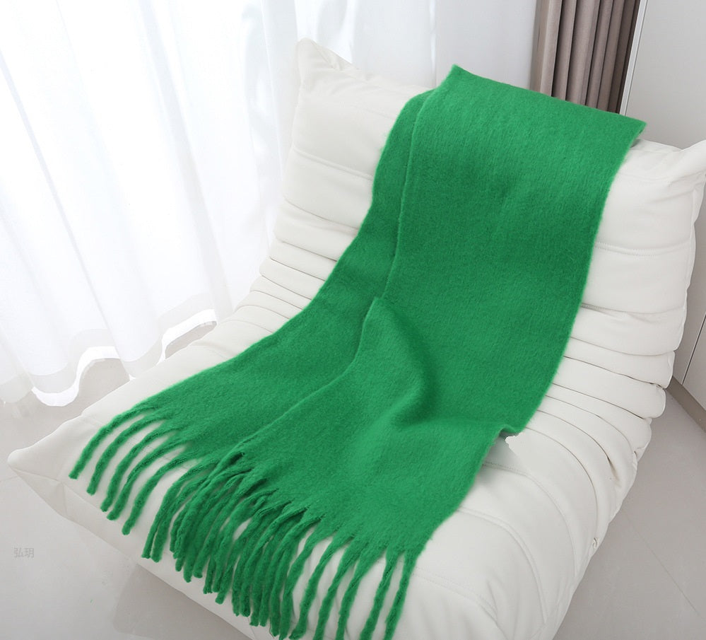 Mohair solid color scarf for women winter warm scarf macaron color thick braid tassel shawl - KAISERINC