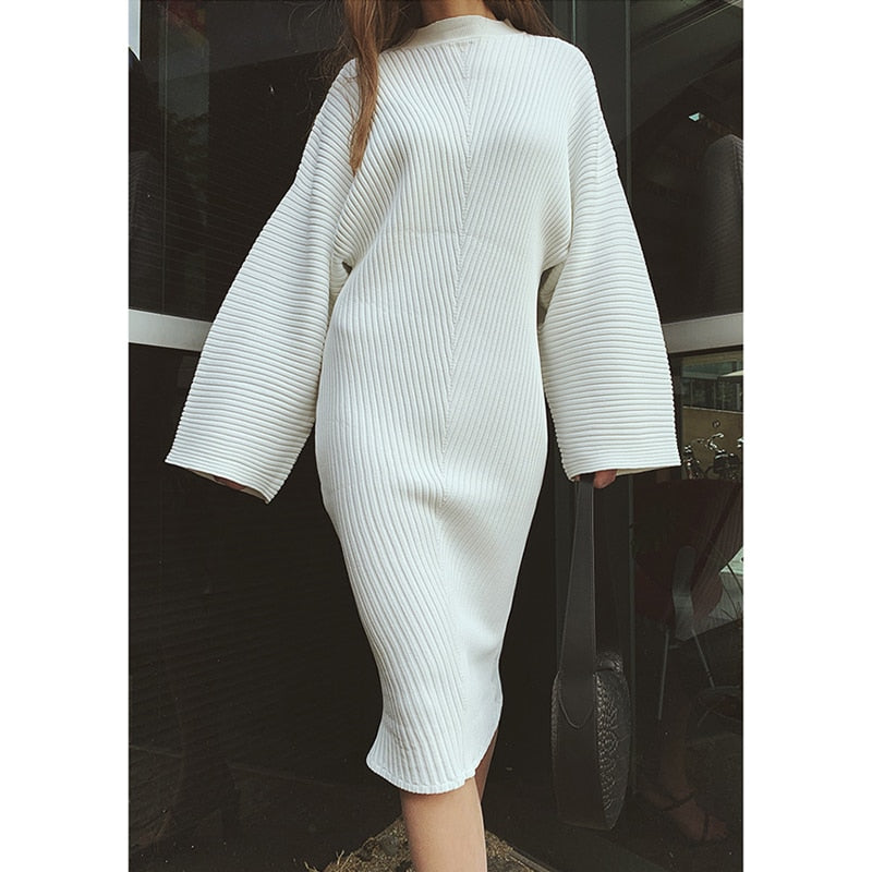 Europe and America Street Shooting Concave convex Stripe Knitted Dress Long Sleeve Loose Fashion Dress - KAISERINC