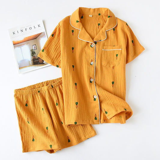 Women Cotton Pajama Sets Carrot Print Pattern Long Sleeve Shirt+trousers Soft Sleepwear Set Nightie Home Clothes Autumn - KAISERINC