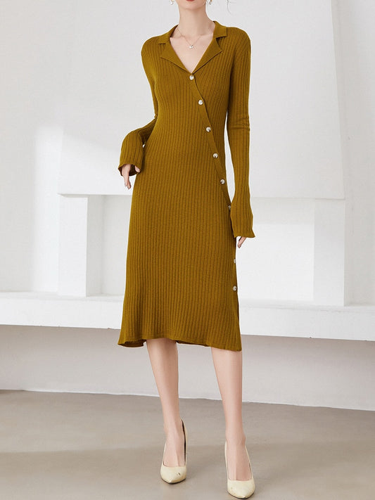 Autumn New Wool Knitted Women Dress French Style Medium-length Waist-skimming Sweater Dress High Quality Robe Dress