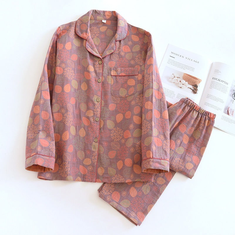 spring and summer women's pajamas suit long-sleeved trousers two-piece 100% cotton crepe flower leaves home clothes - KAISERINC