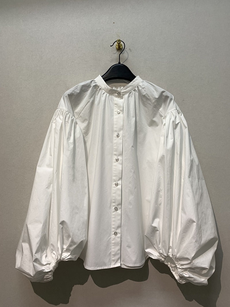 Elegant Lantern Sleeve Loose Shirts Tops Stand Collar Single Breasted Solid Blouse - KAISERINC