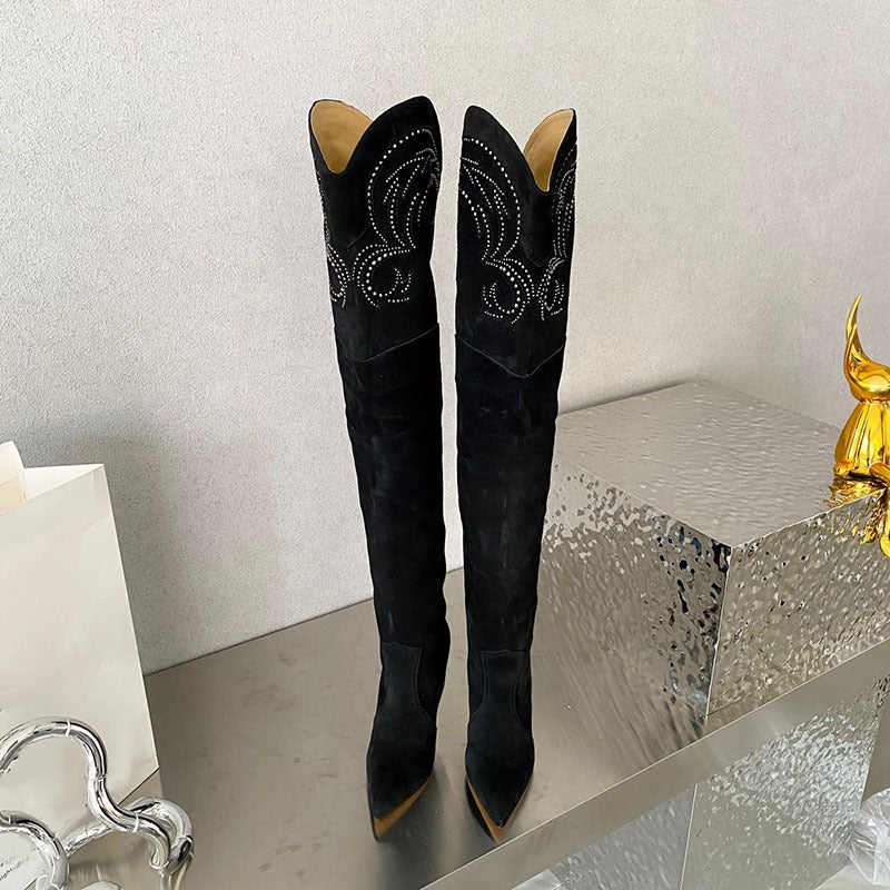 Wedge Heel Over The Knee Boots Suede Leather Pointed Toe Embroidery Long Boots Winter Women's Dress Shoes - KAISERINC