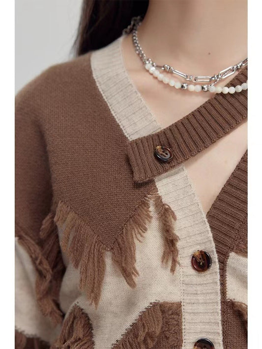 Patchwork Tassel Knitting Sweaters For Women V Neck Long Sleeve Hit Color Casual Loose Sweater Female Fashion - KAISERINC