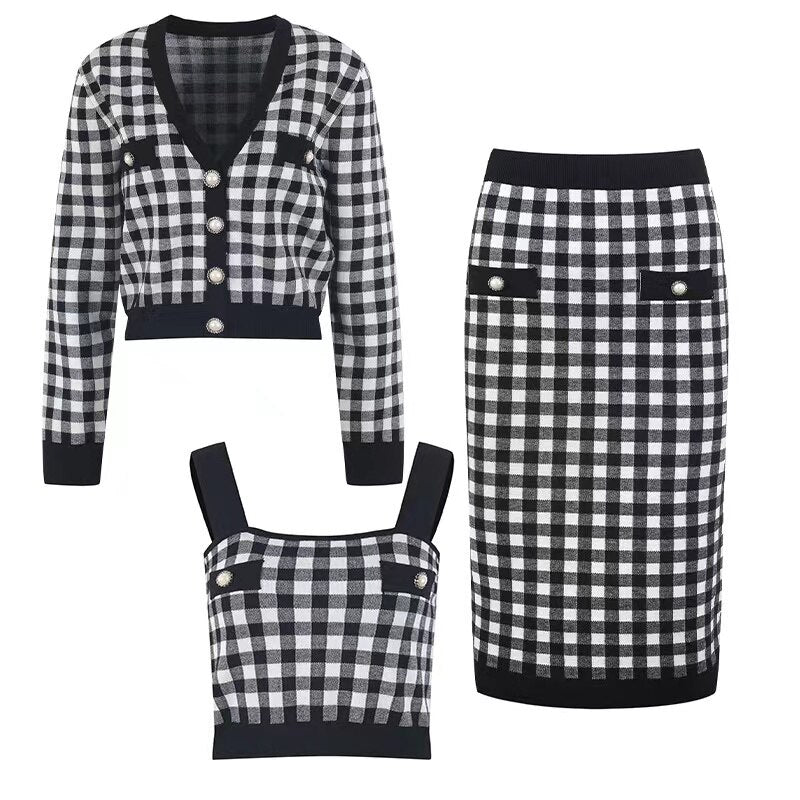 Fashion Top Quality 3 Piece Sweater Set Women Clothing Plaid Pattern 3 Colors Knitting Suit for Lady